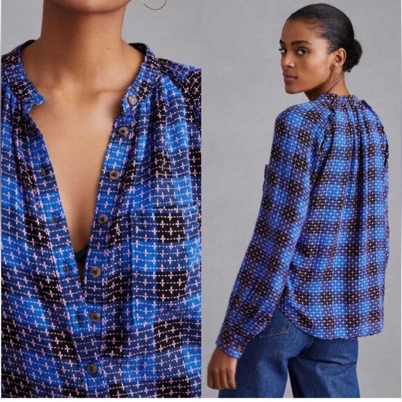 Anthropologie- Pilcro- Blue and Black Plaid Button Down Shirt - Picture 2 of 6